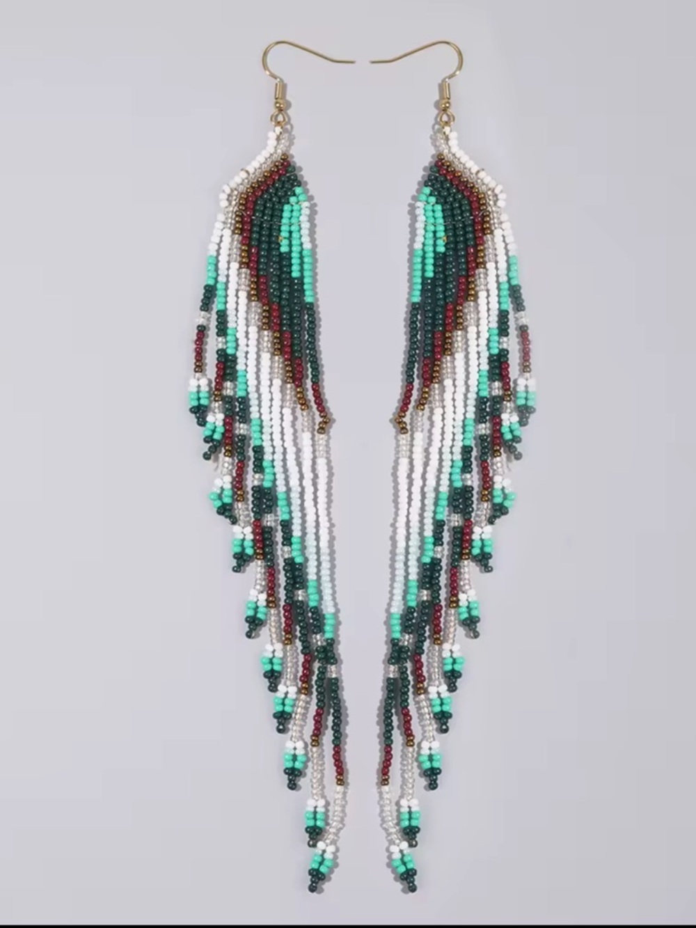 Delicate Beaded Fringe Earrings in Green and White